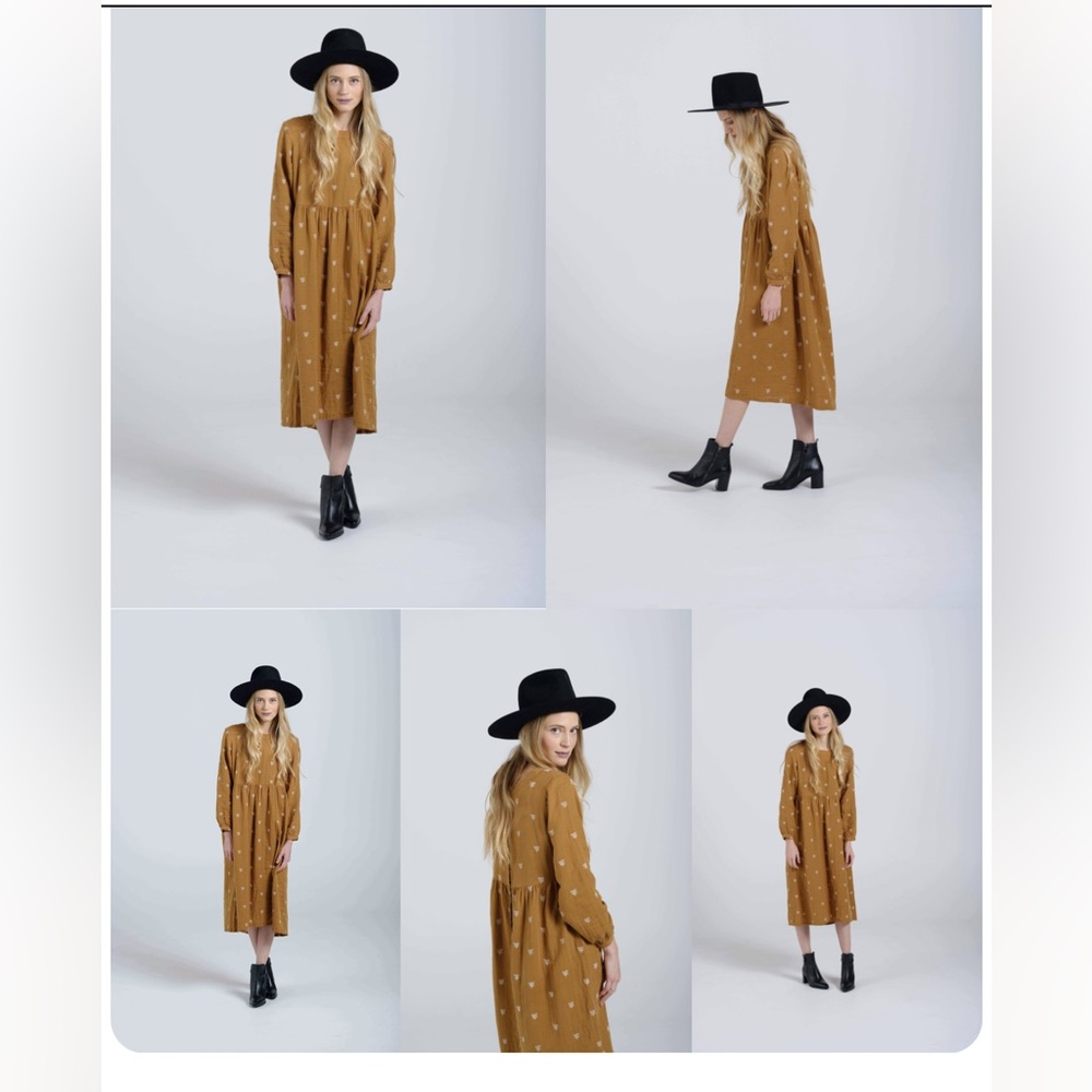 Rylee + Cru Mustard Dot Long Sleeve Midi Dress